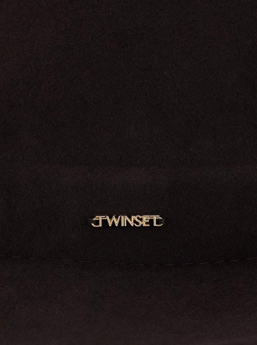 Twinset Cappello con tesa bassa e larga e logo lettering in lana marrone donna, view 3