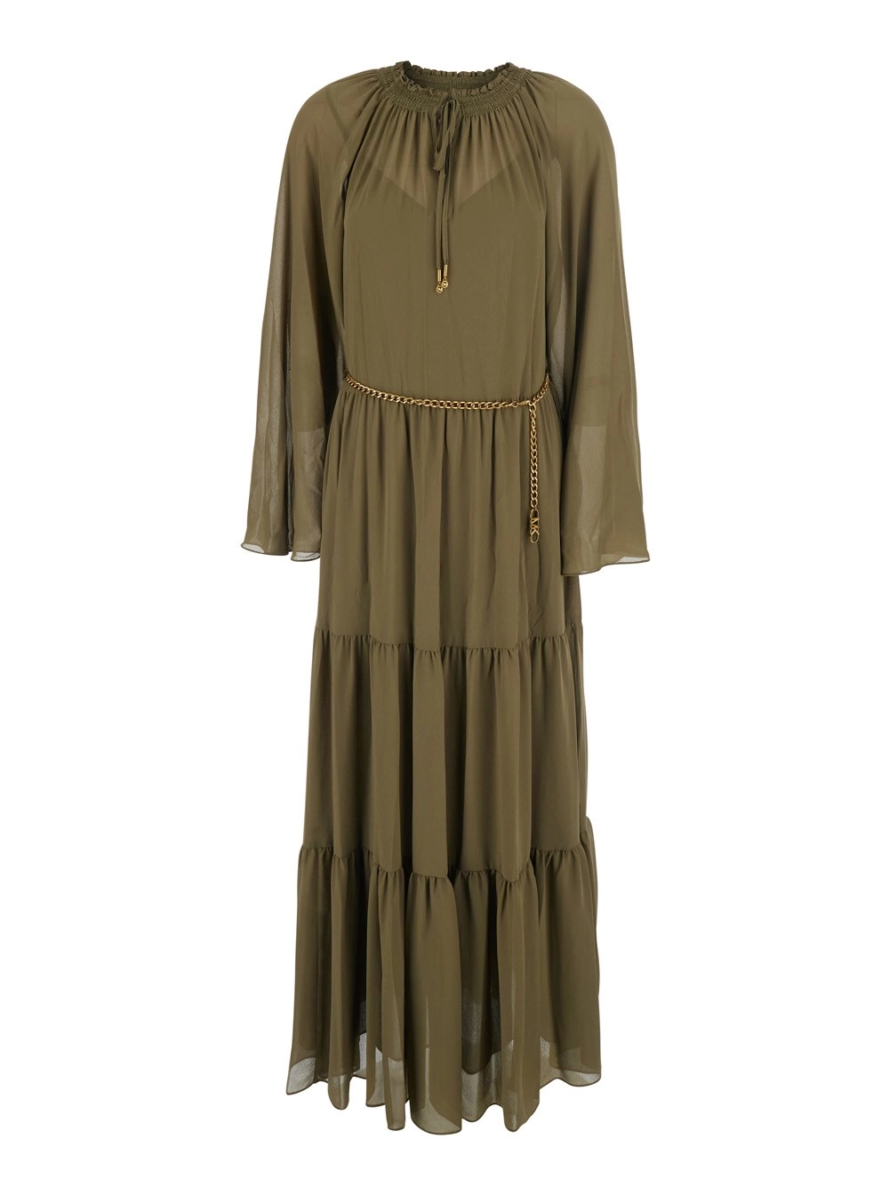 Michael michael kors Abito Lungo con Maniche Lunghe e Dettagli con Ruches in Viscosa Verde Donna
