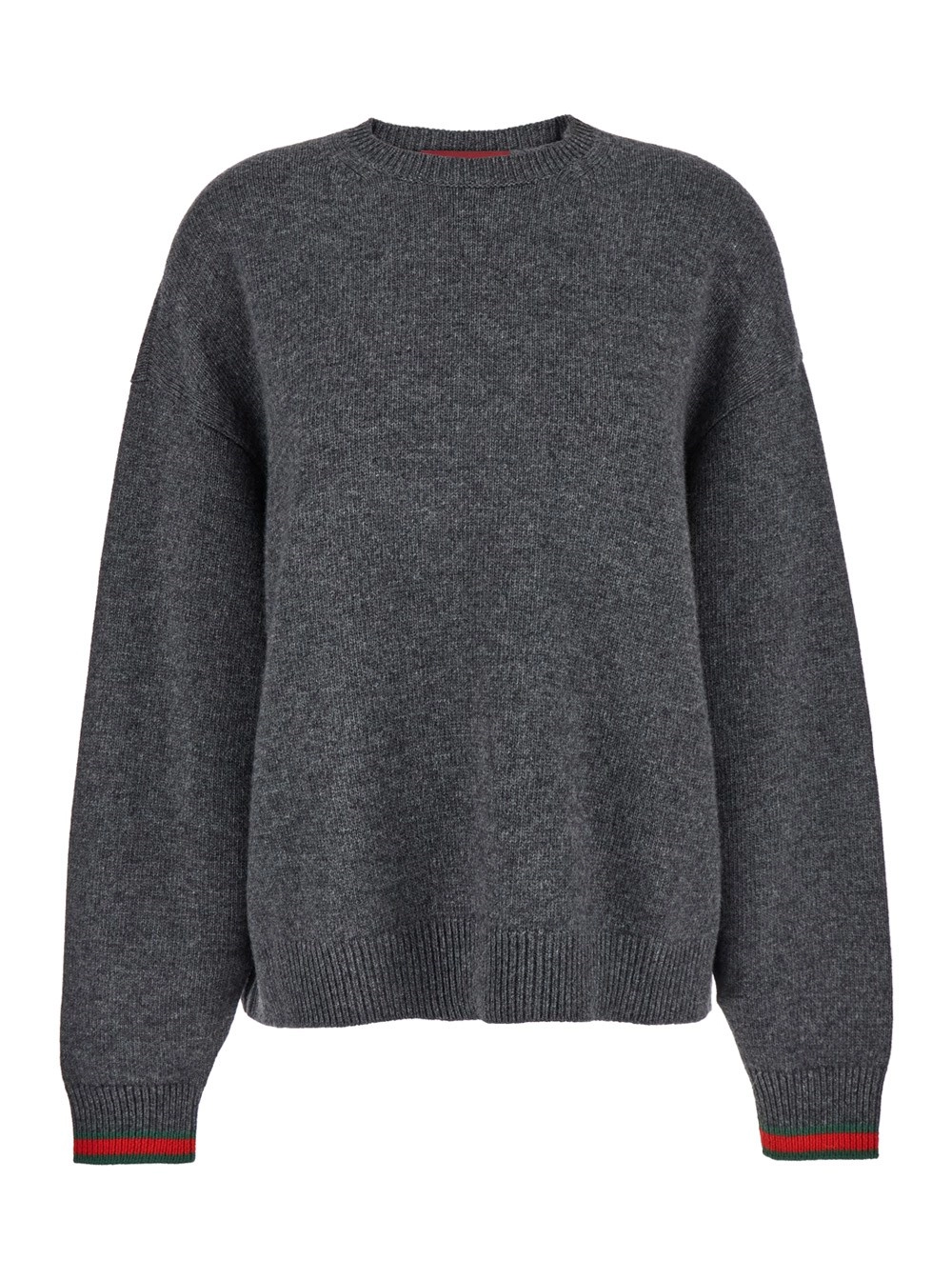 Gucci Maglione Girocollo con Dettaglio Web su Polsini in Misto Lana e Cashmere Grigio Donna