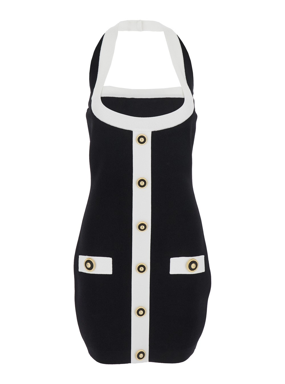 Balmain Abito con Scollo Quadrato e Bottoni Decorativi in Misto Viscosa Nero Donna