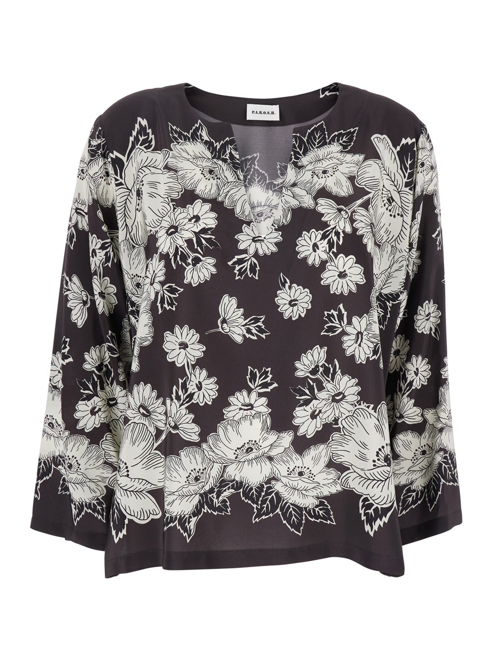 P.A.R.O.S.H. Blusa con Scollo a V e Motivo Floreale All-Over in Seta Bianca e Nera Donna