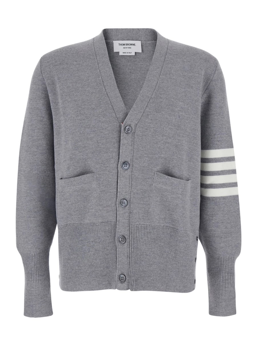 Thom Browne Cardigan con Scollo a V e Dettaglio a Righe sulla Manica in Lana Grigio Uomo