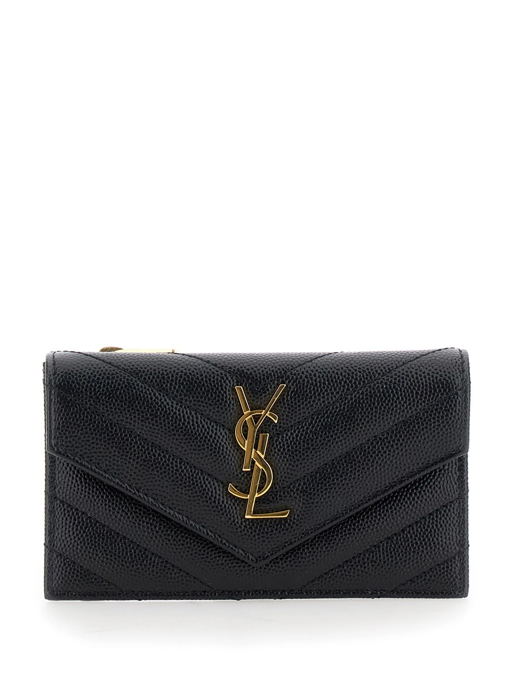 Saint Laurent Portacarte 'Cassandre' con Patta e Zip in Pelle Goffrata Nero Donna