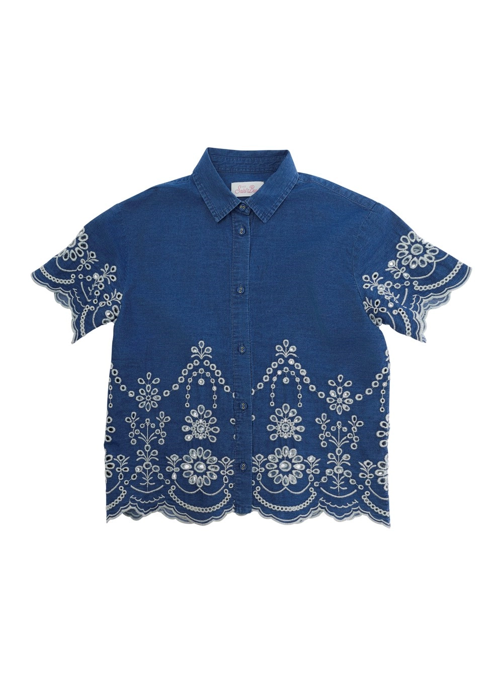 Mc2 saint barth kids Camicia con ricami floreali all-over in cotone blu bambina