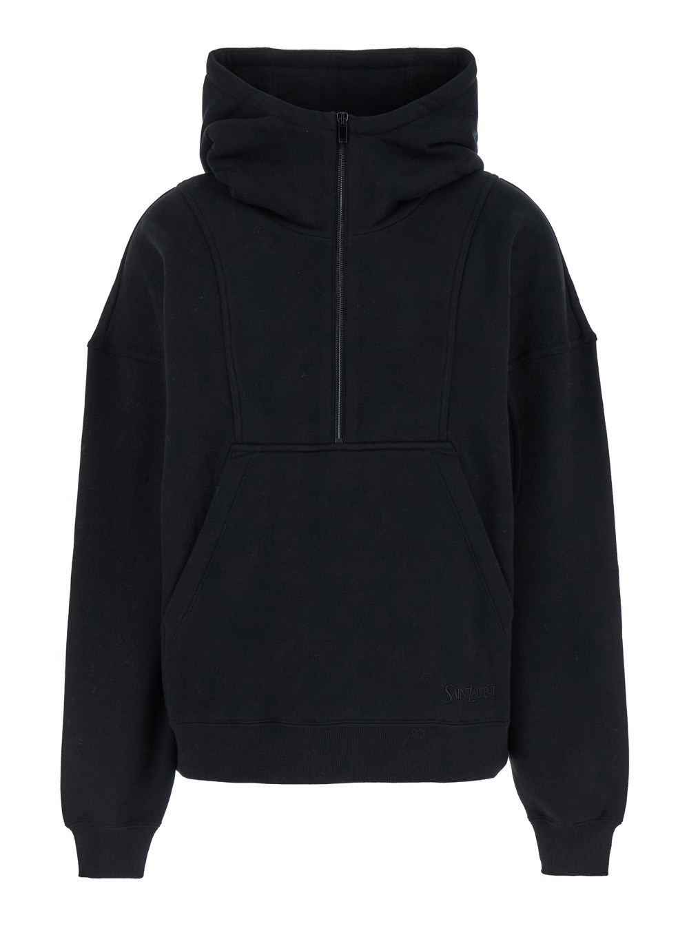 Saint Laurent Felpa con Tasca a Marsupio e Logo Lettering in Cotone Nera Donna