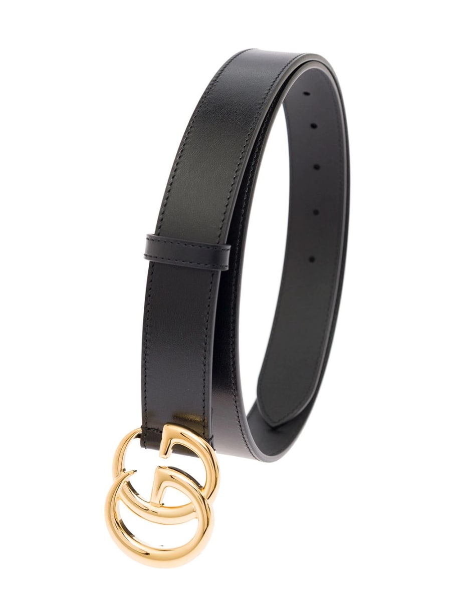 Gucci Cintura in Pelle Nera con Fibbia GG in Metallo Dorato Gucci Uomo, view 2