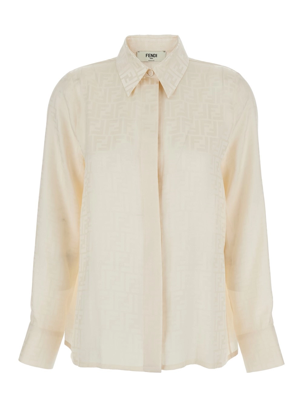 Fendi Camicia con Colletto a Punta e Motivo FF in Seta Bianca Donna