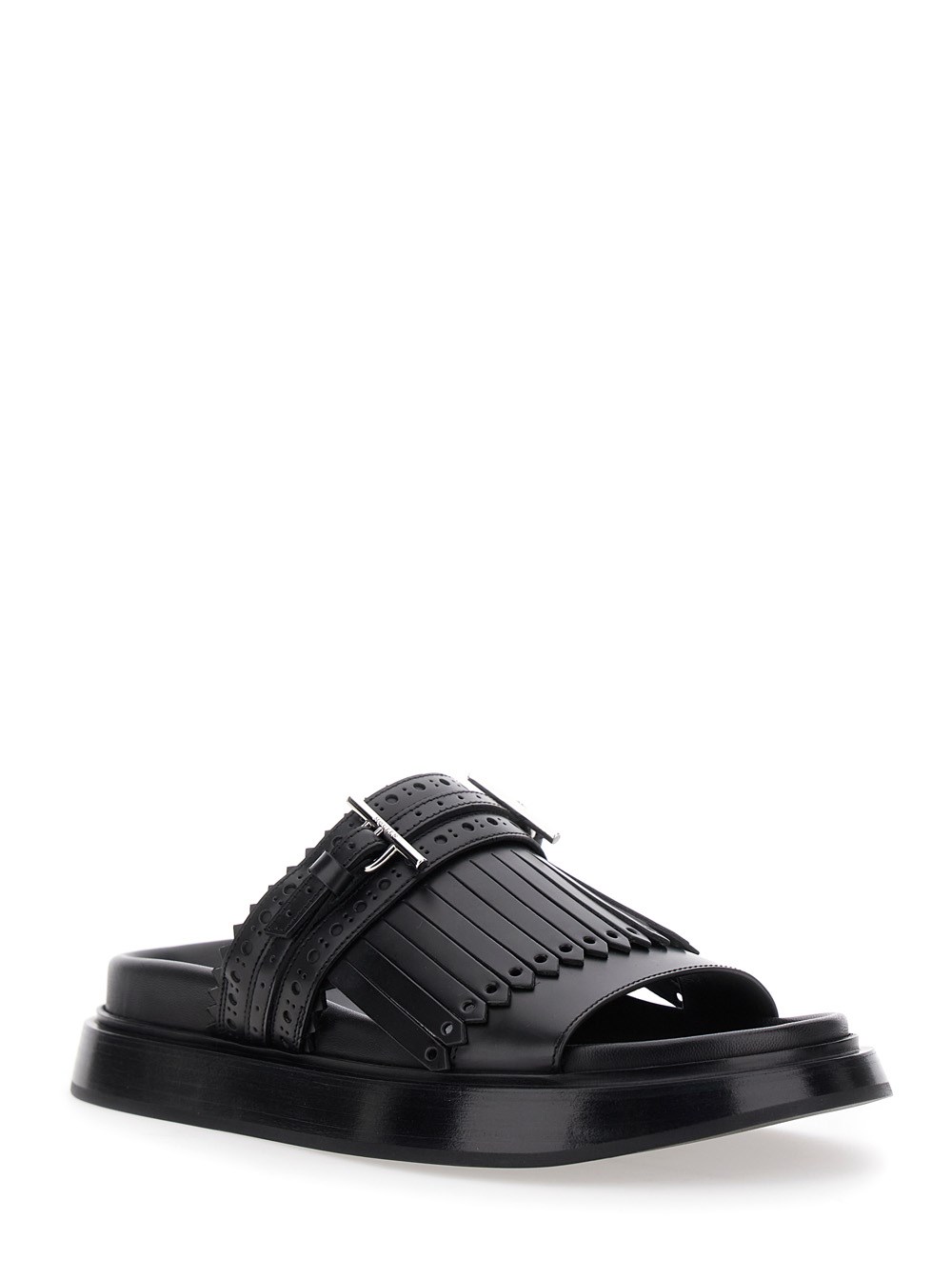 Alexander McQueen Sandali con Cinturino Decorativo Brogue con Fibbia a T in Pelle Neri Donna, view 2