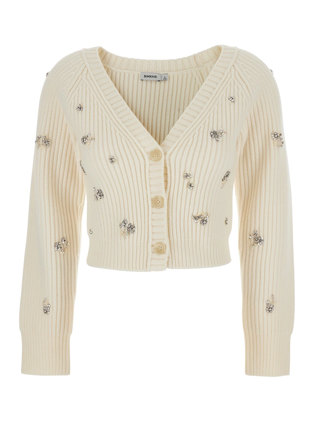 Simkhai Cardigan 'Novah' Crop con Scollo a V e Decorazione con Strass in Lana e Cashmere Bianco Donna