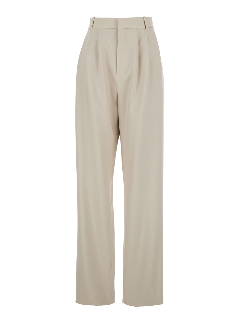 Saint Laurent Pantalone con Passanti per Cintura e Pences sul Fronte in Lana Beige Donna