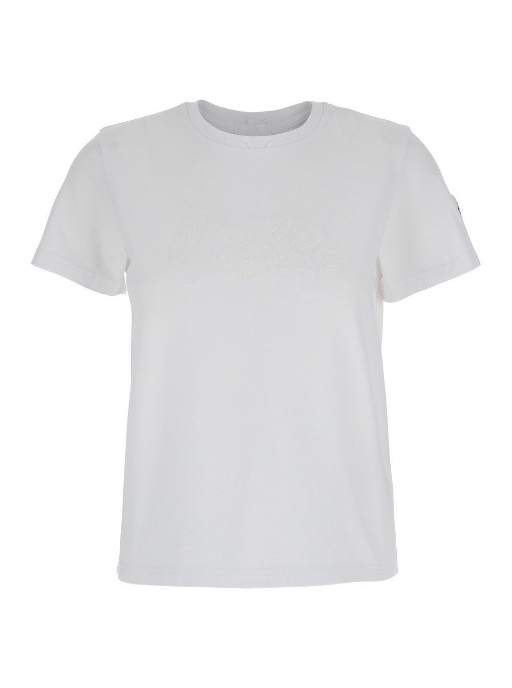 Moncler T-Shirt con Logo Ricamato sulla Manica in Cotone Bianca Donna