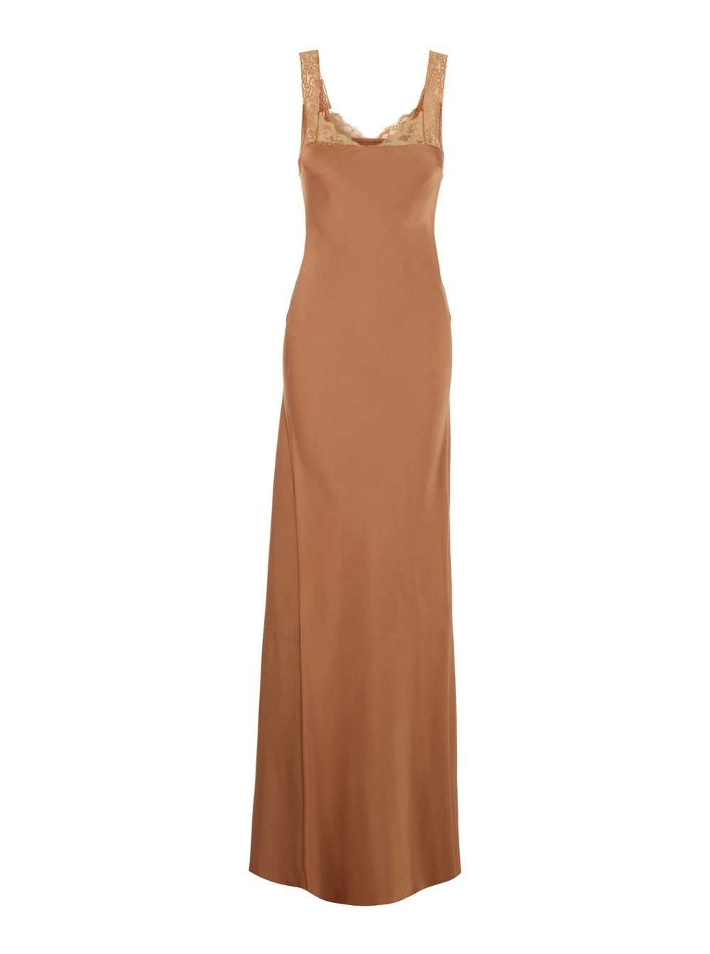 Forte_Forte Abito Lungo con Spalline Fisse e Dettaglio in Pizzo su Spalline e Collo in Misto Viscosa Rosa Donna