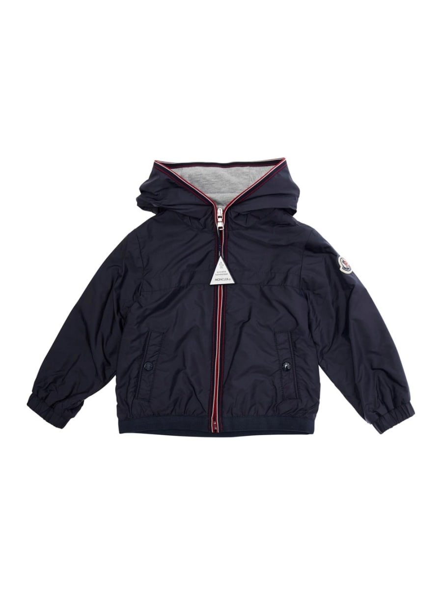 Moncler kids Giubbotto 'Anton' con Cappuccio e Patch Logo sulla Manica in Tessuto Tecnico Blu Baby