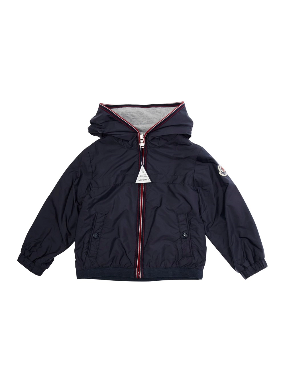 Moncler kids Giubbotto 'Anton' con Cappuccio e Patch Logo sulla Manica in Tessuto Tecnico Blu Baby
