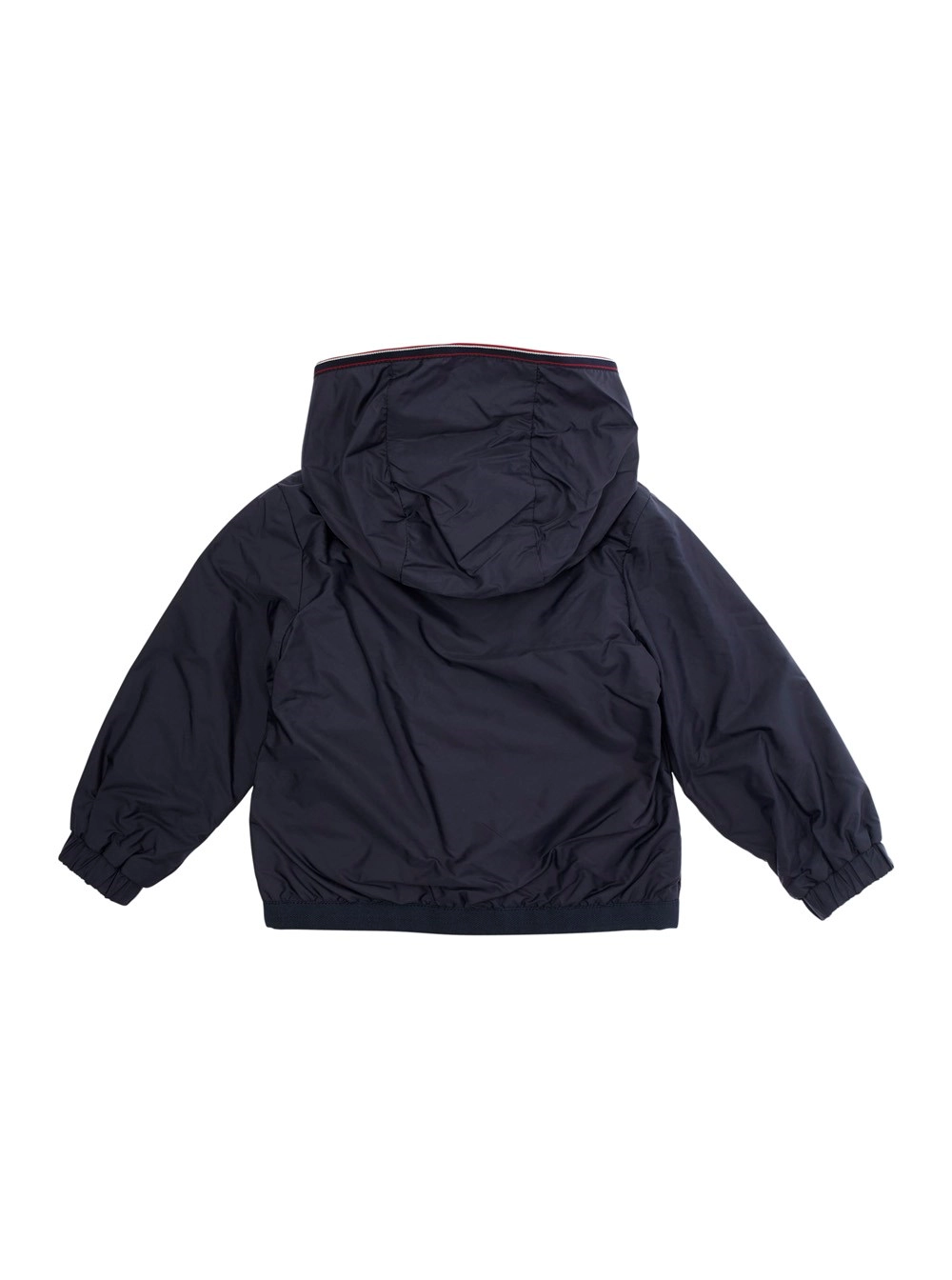 Moncler kids Giubbotto 'Anton' con Cappuccio e Patch Logo sulla Manica in Tessuto Tecnico Blu Baby, view 2