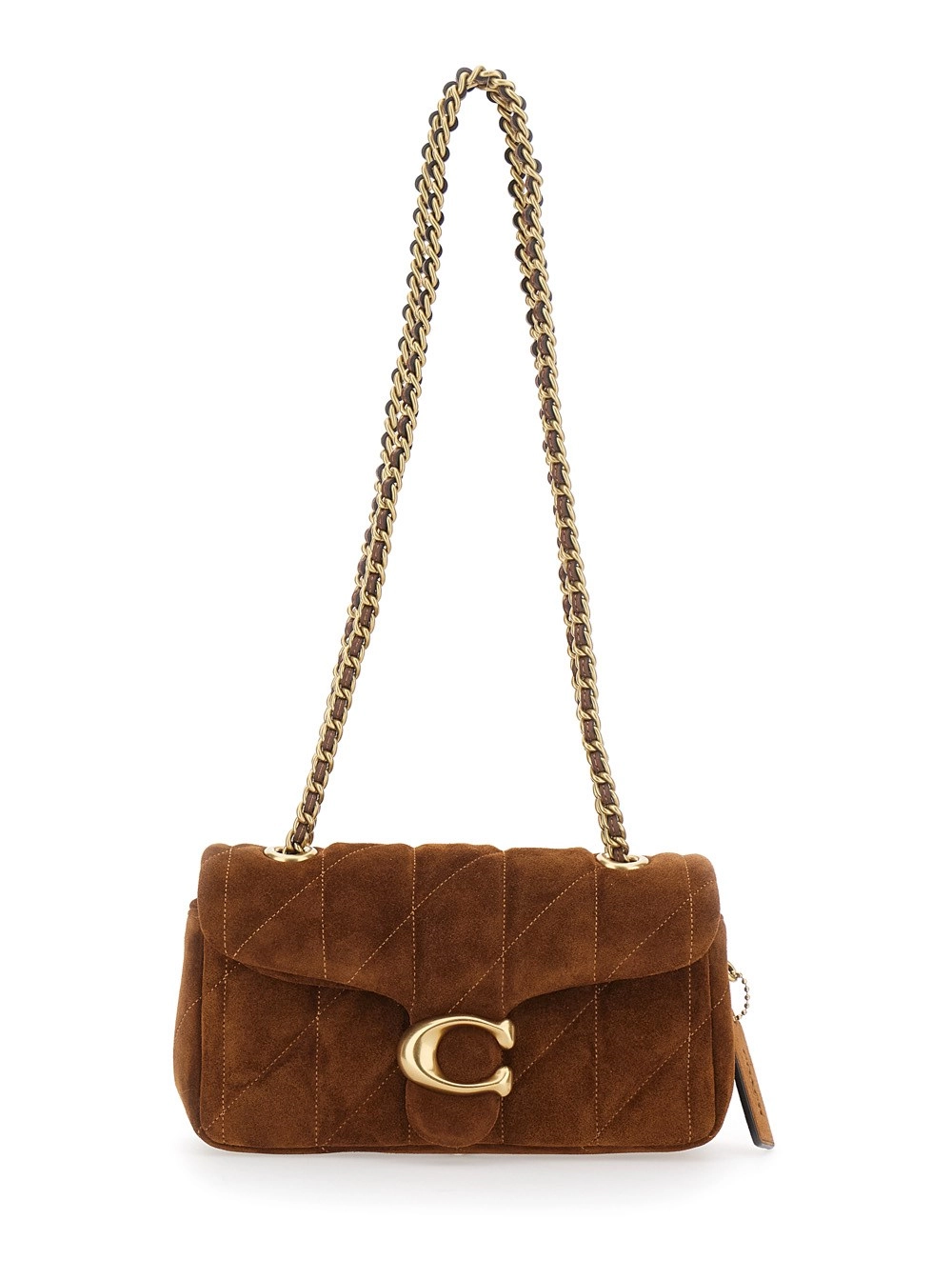 Coach Borsa a Tracolla con Manici a Catena e Placca Logo sul Fronte in Pelle Scamosciata Trapuntata Marrone Donna