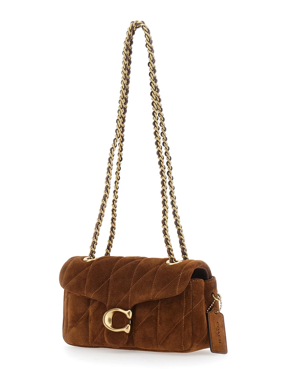 Coach Borsa a Tracolla con Manici a Catena e Placca Logo sul Fronte in Pelle Scamosciata Trapuntata Marrone Donna, view 2