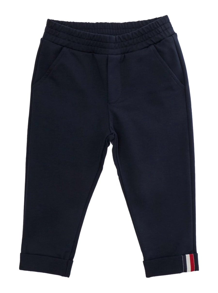 Moncler kids Pantalone Blu con Vita Elasticizzata e Patch Logo su Retro e Orlo in Cotone Stretch Baby