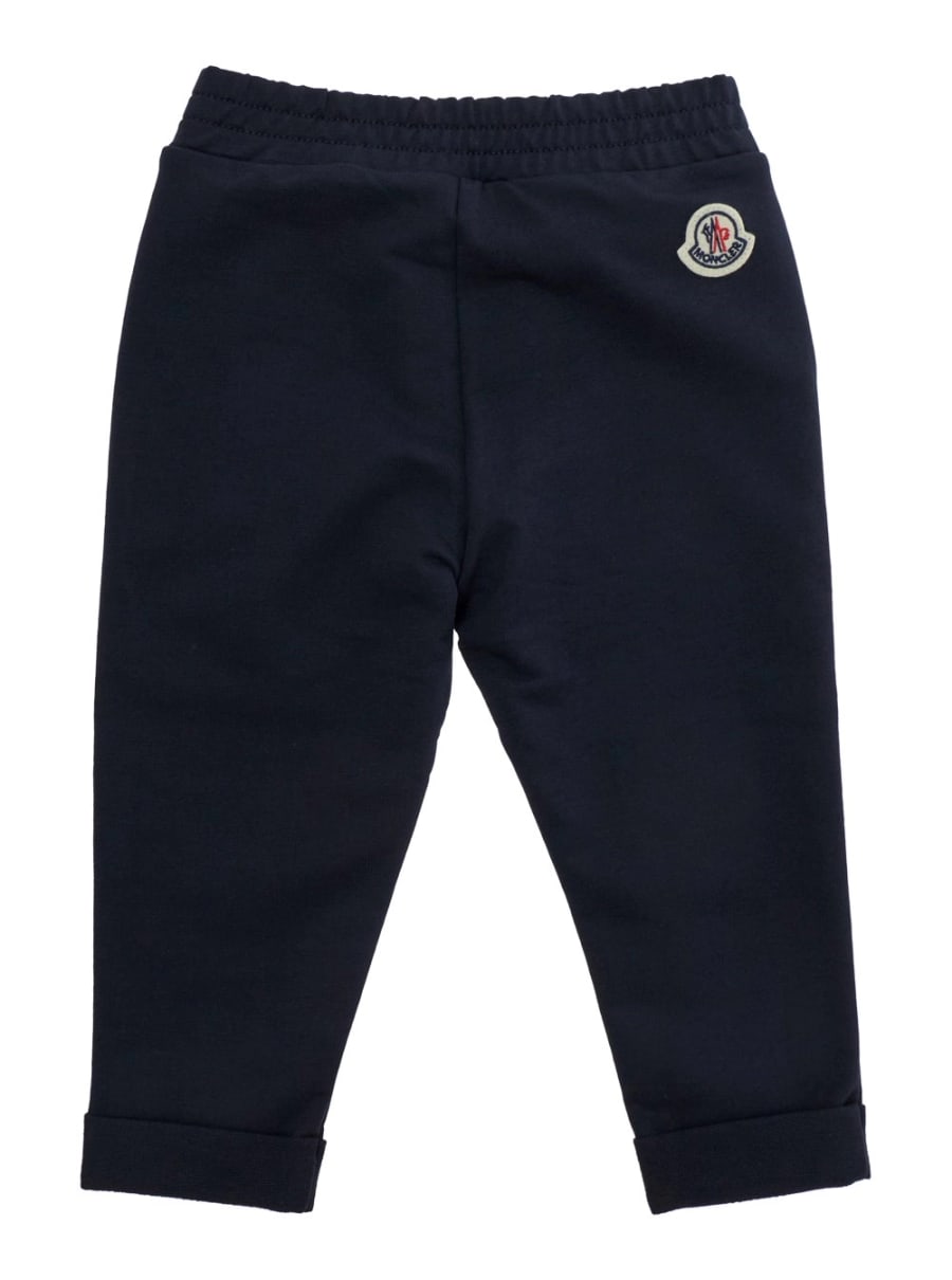 Moncler kids Pantalone Blu con Vita Elasticizzata e Patch Logo su Retro e Orlo in Cotone Stretch Baby, view 2