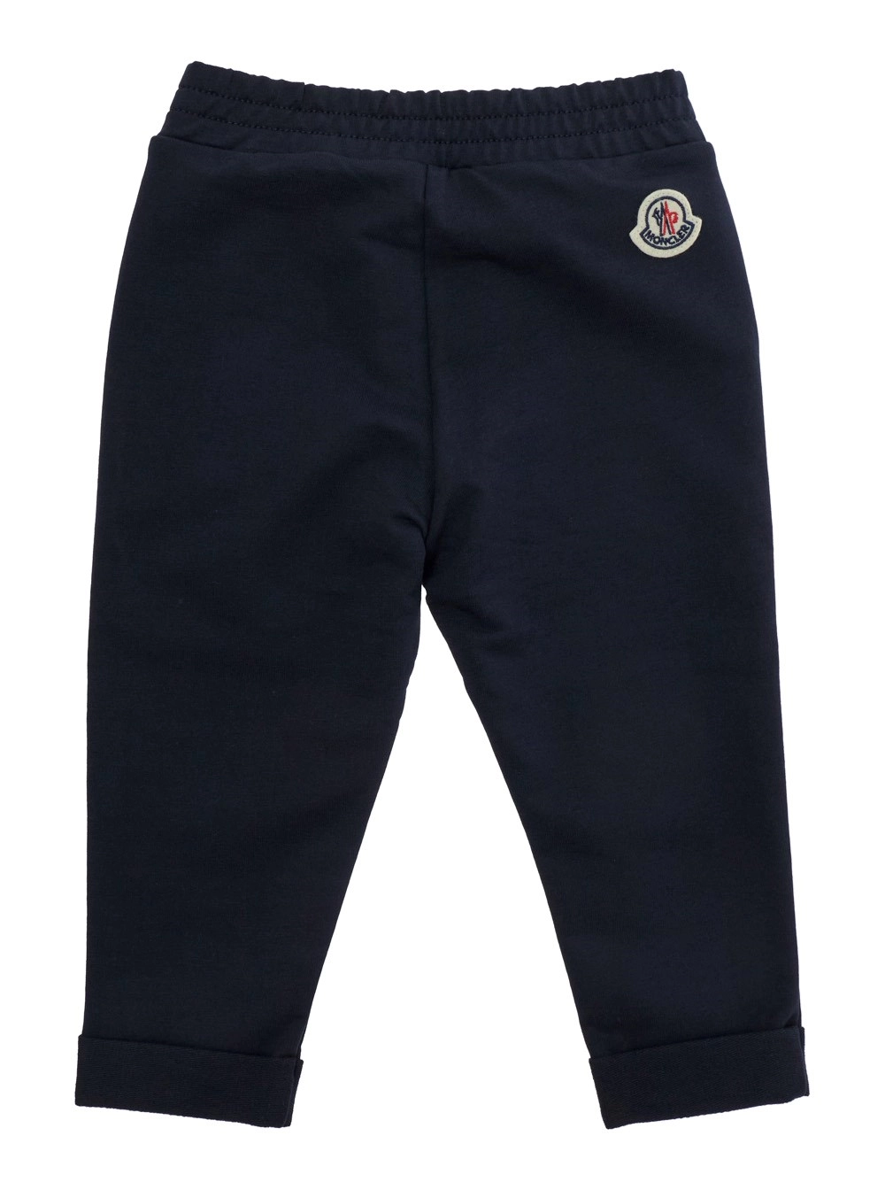 Moncler kids Pantalone Blu con Vita Elasticizzata e Patch Logo su Retro e Orlo in Cotone Stretch Baby, view 2