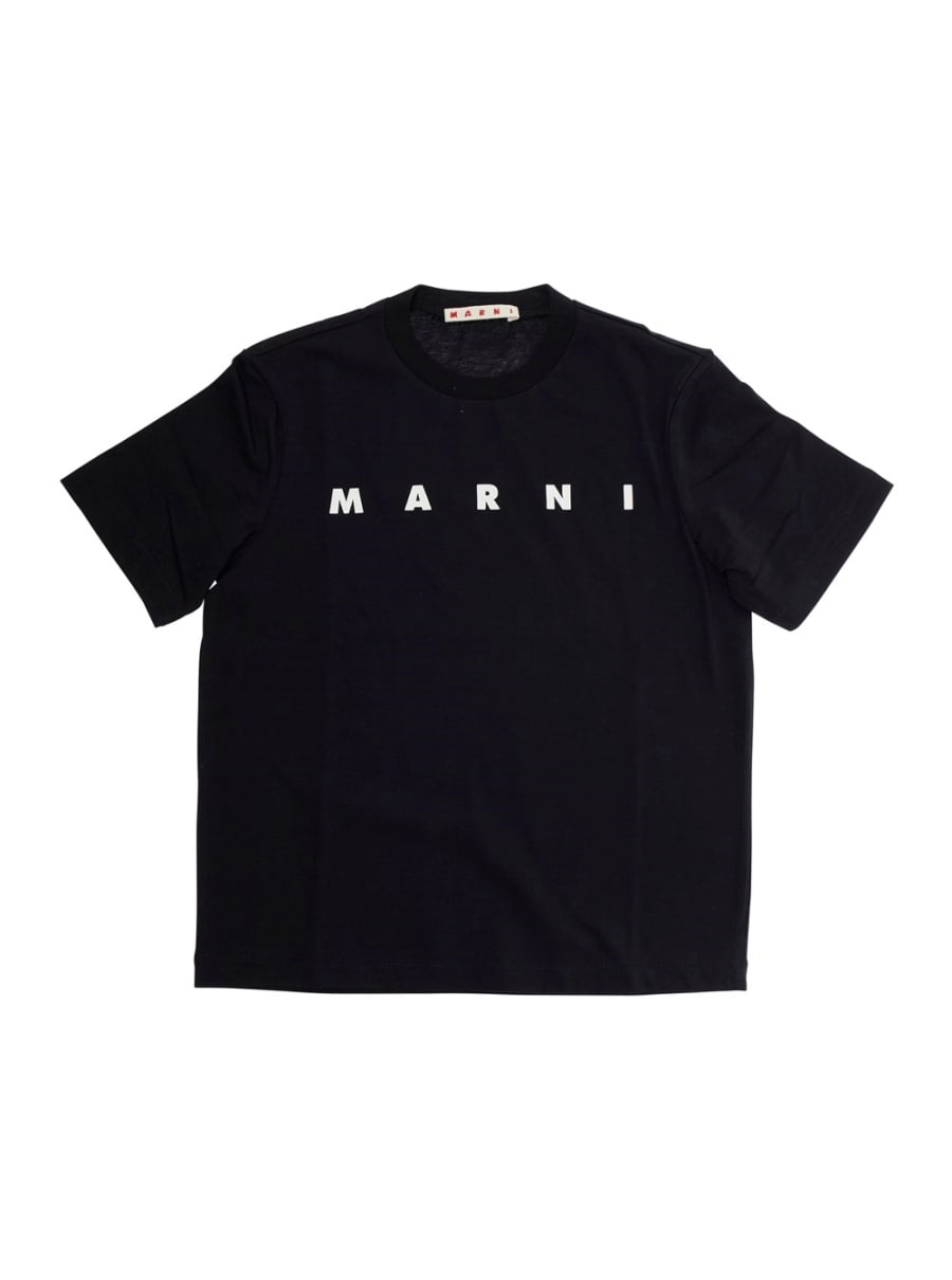 Marni kids T-Shirt Girocollo con Stampa Logo Lettering sul Fronte in Cotone Nera Bambina