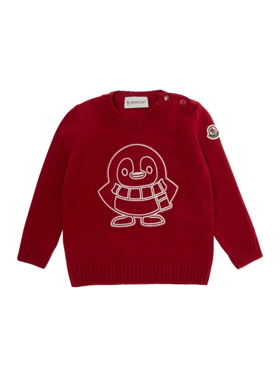 Moncler kids Felpa con ricamo sul fronte e patch logo sulla manica in lana e cashmere rossa baby