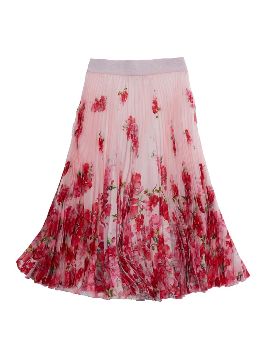 Monnalisa kids Gonna con Plisse All-Over e Motivo Floreale in Tessuto Rosa Bambina