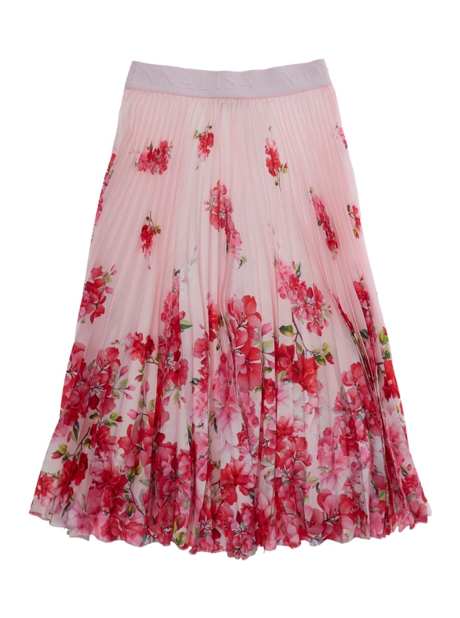 Monnalisa kids Gonna con Plisse All-Over e Motivo Floreale in Tessuto Rosa Bambina, view 2