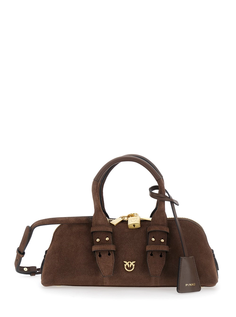 Pinko Borsa a Mano 'Bowling' con Dettaglio Lucchetto e Logo Love Birds sul Fronte in Suede Marrone Donna