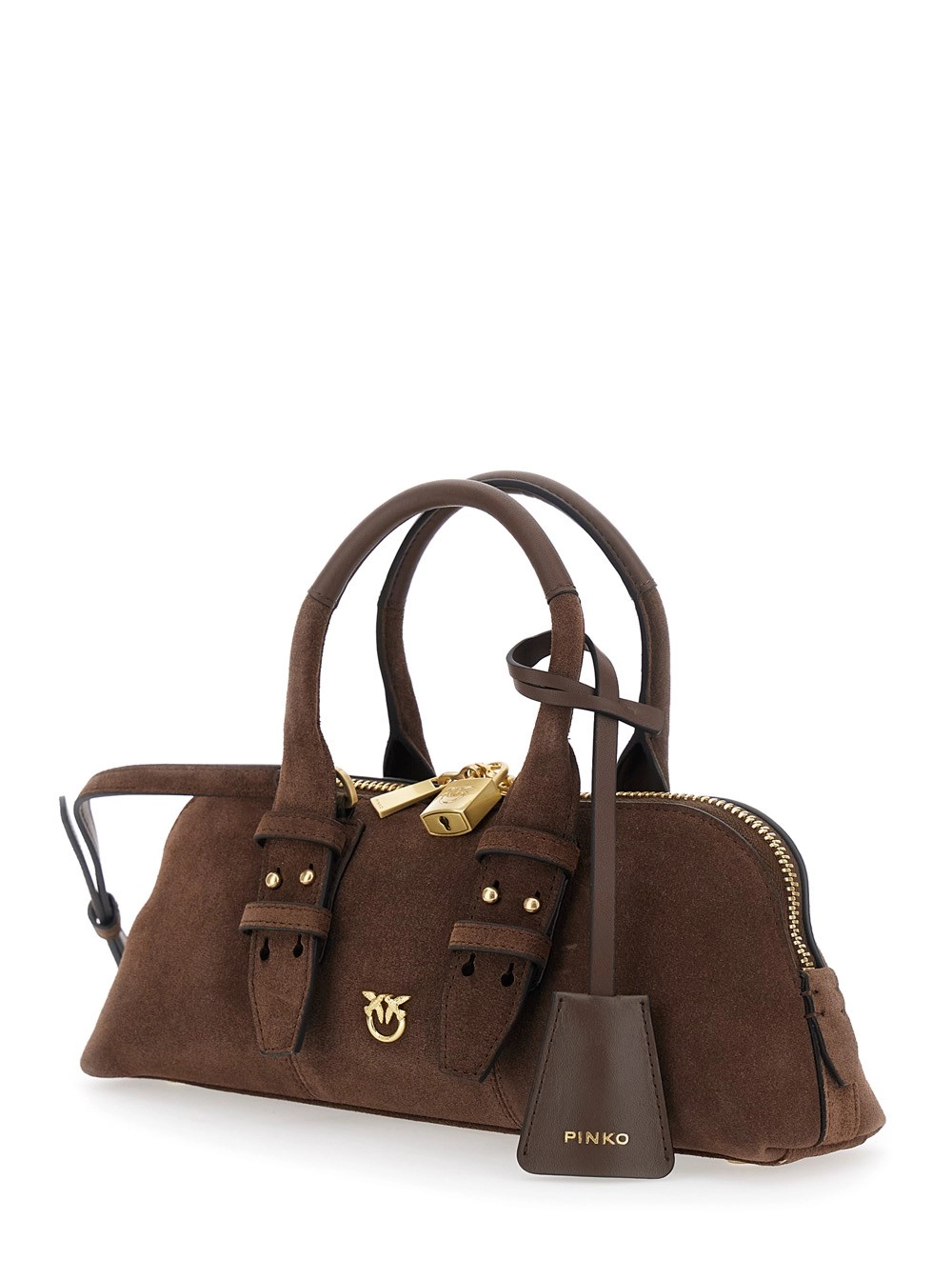 Pinko Borsa a Mano 'Bowling' con Dettaglio Lucchetto e Logo Love Birds sul Fronte in Suede Marrone Donna, view 2