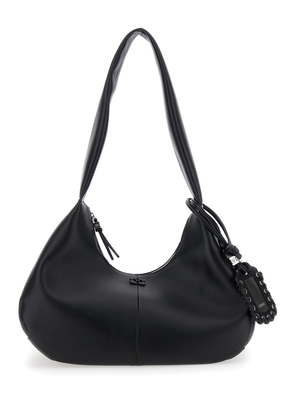 Ganni Borsa a Spalla 'Bou Bag Hobo Medium' con Tracolla e Patch Logo Removibile in Pelle Nera Donna