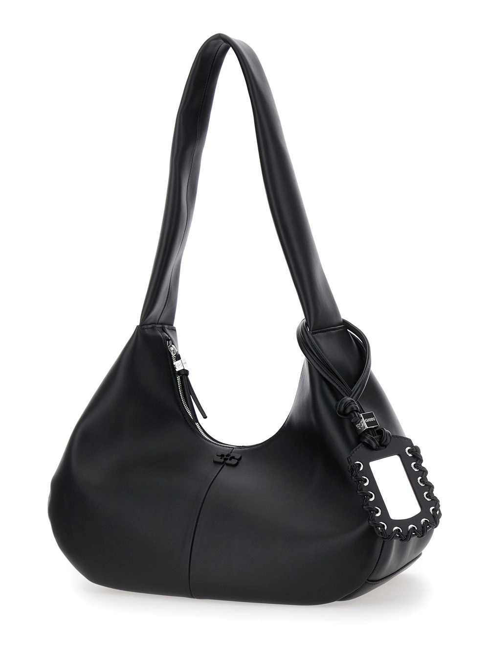 Ganni Borsa a Spalla 'Bou Bag Hobo Medium' con Tracolla e Patch Logo Removibile in Pelle Nera Donna, view 2