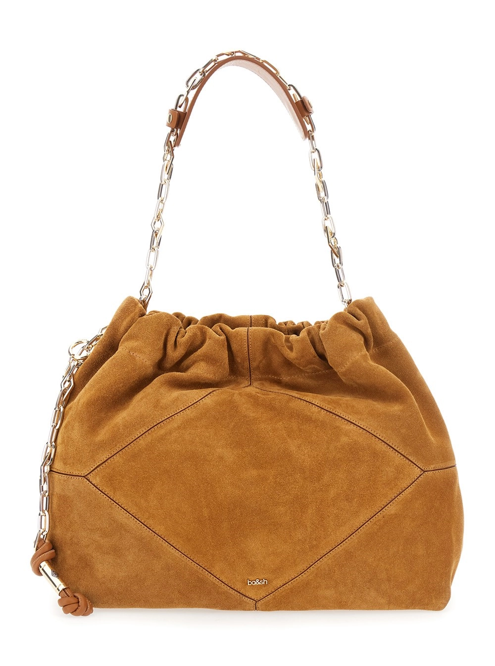 Ba&sh Borsa a Spalla con Tracolla a Catena e Logo sul Fronte in Suede Beige Donna