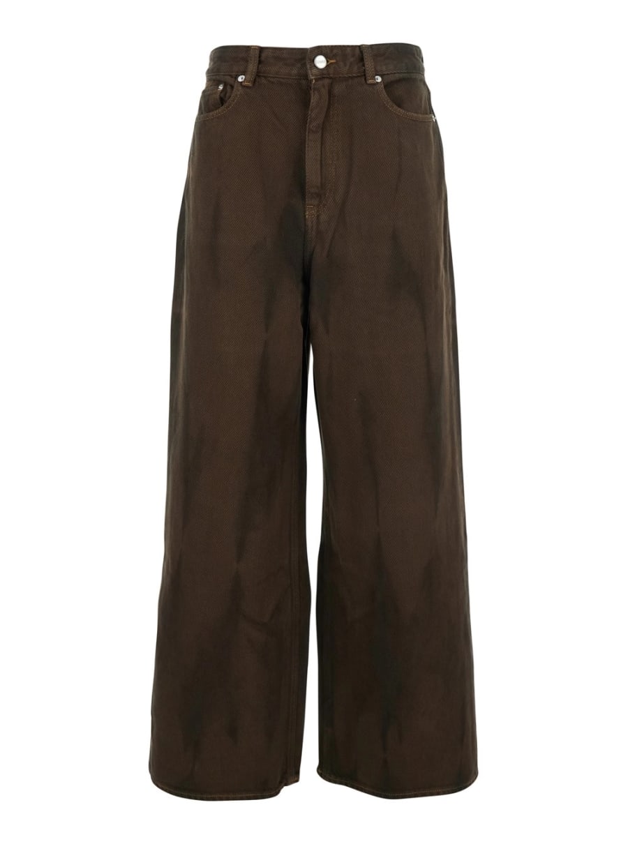 Ganni Jeans con Fantasia Tie-Dye e Patch Logo sul Retro in Denim Marrone Donna