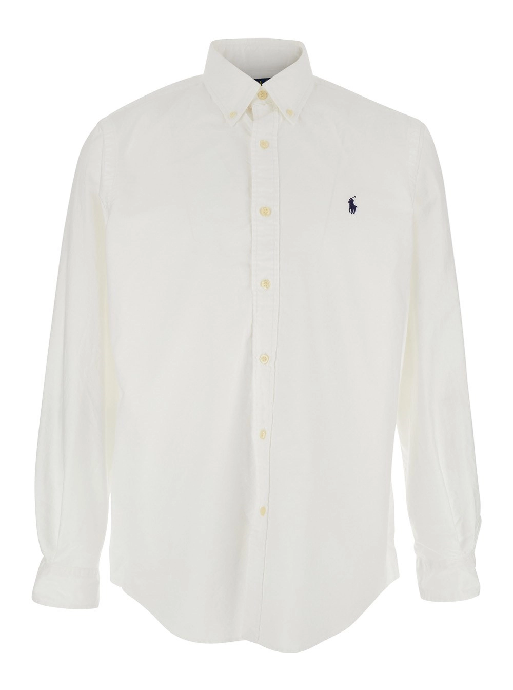 Polo Ralph Lauren Camicia 'Custom Fit Oxford' con Colletto Button Down e Ricamo Cavallino sul Fronte in Cotone Bianca Uomo