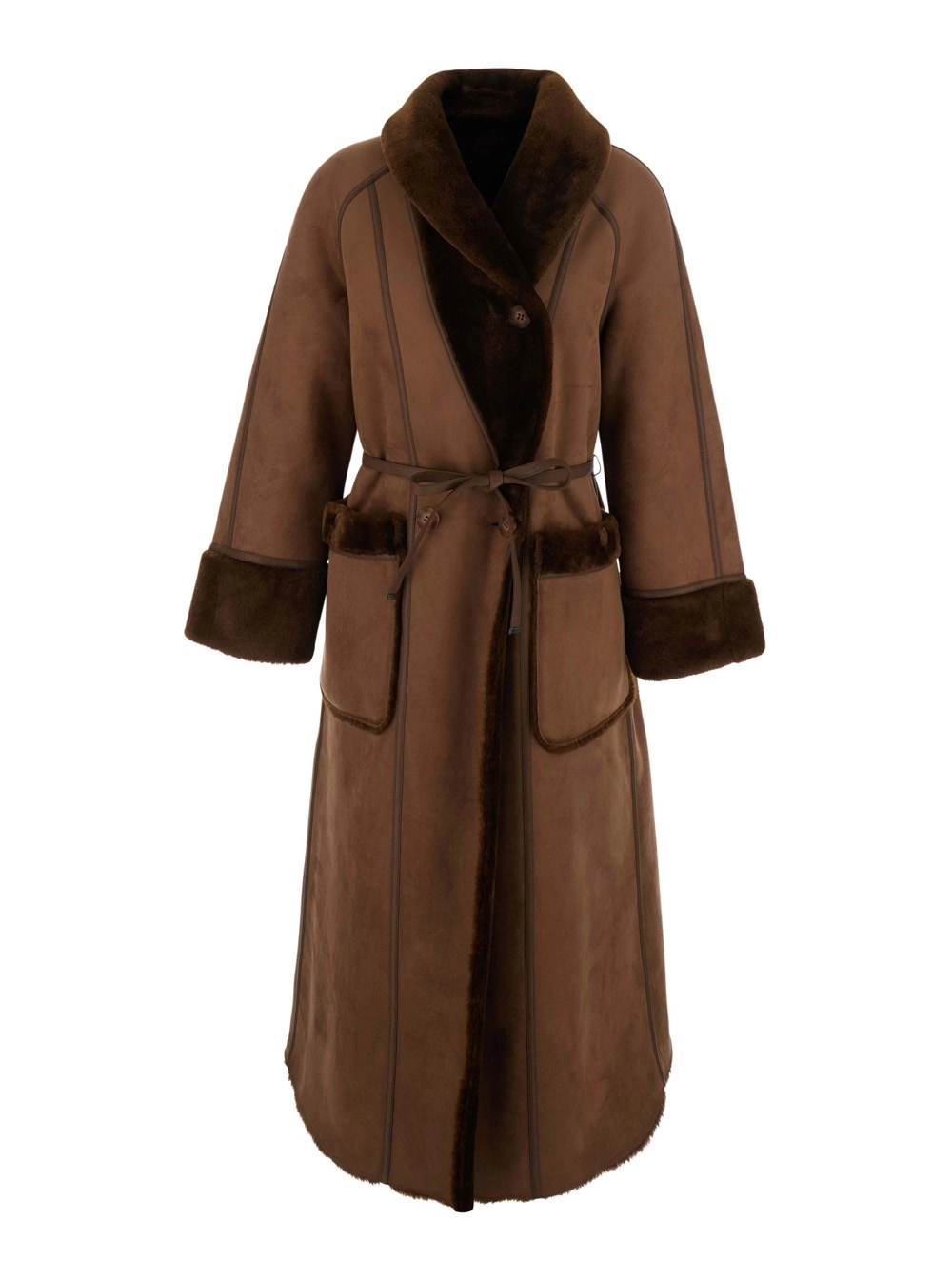 Urbancode Cappotto pelliccia lungo con design reversibile e cintura in vita in eco-pelliccia marrone per donna