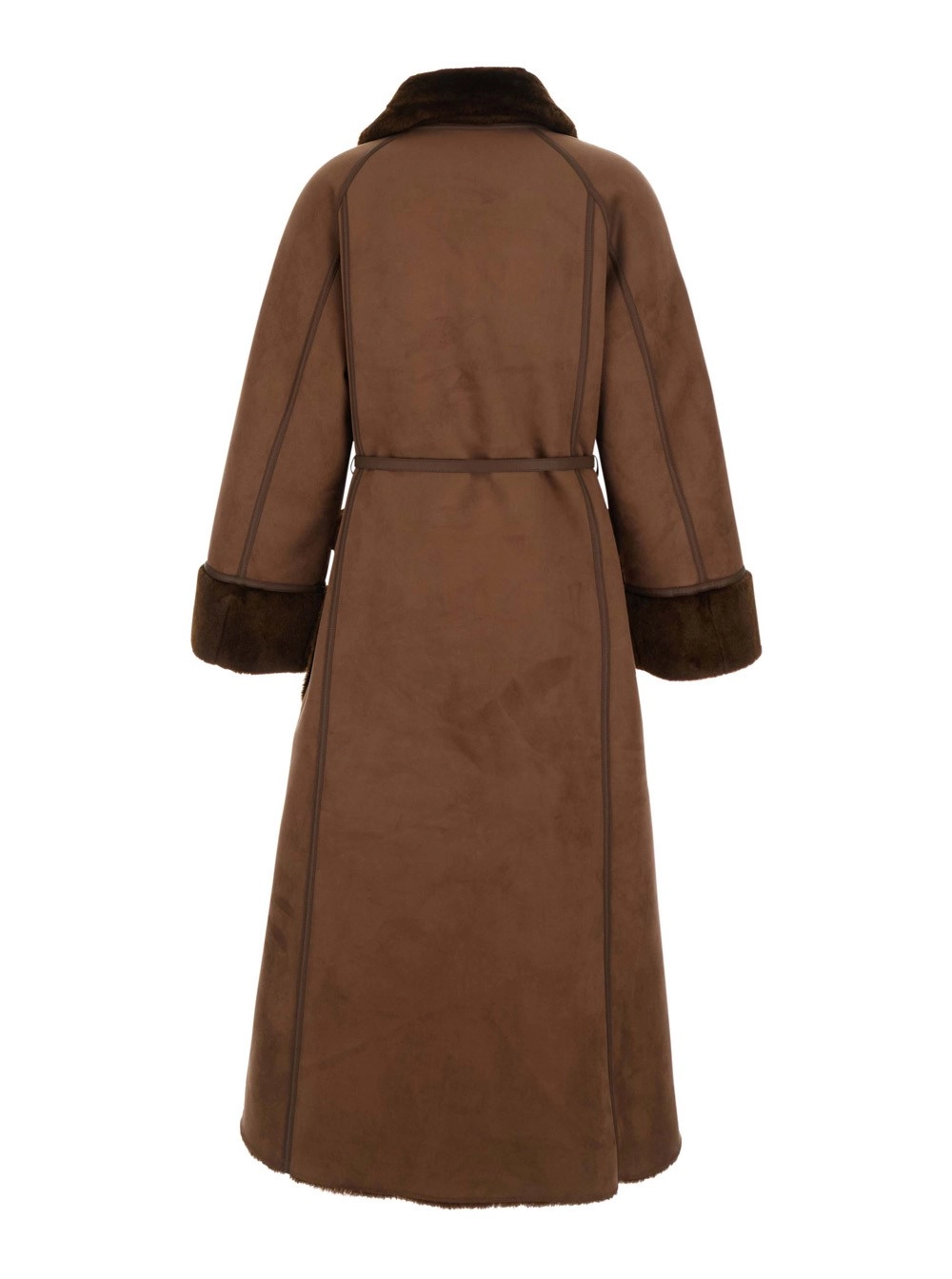 Urbancode Cappotto pelliccia lungo con design reversibile e cintura in vita in eco-pelliccia marrone per donna, view 2
