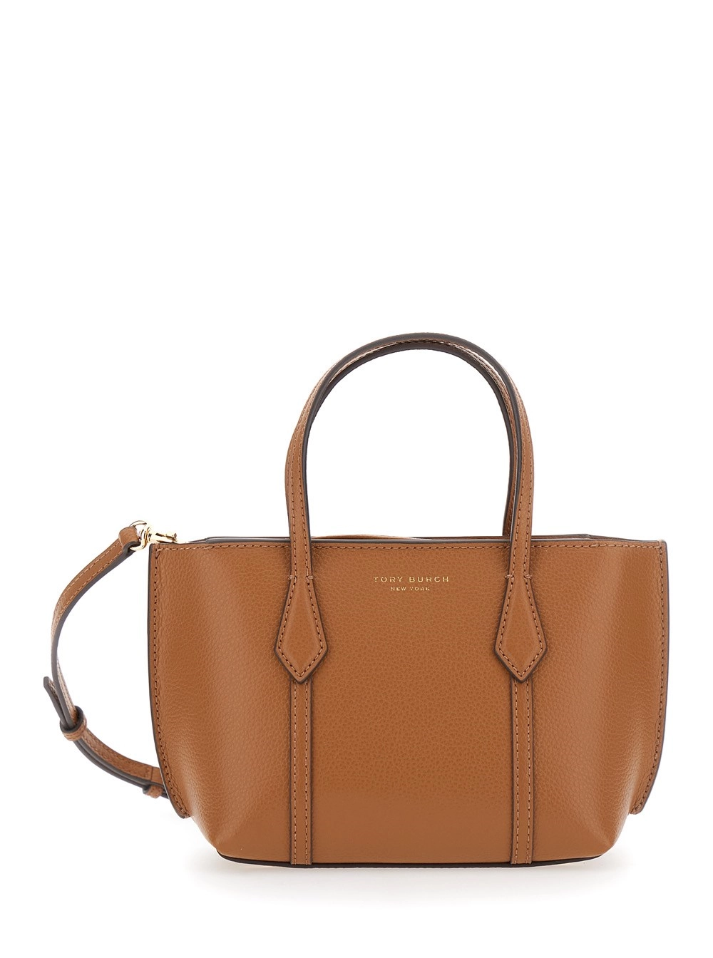 Tory Burch Borsa a Mano 'Perry' con Tracolla Regolabile e Removibile e Logo Lettering Impresso sul Fronte in Pelle Martellata Marrone Donna