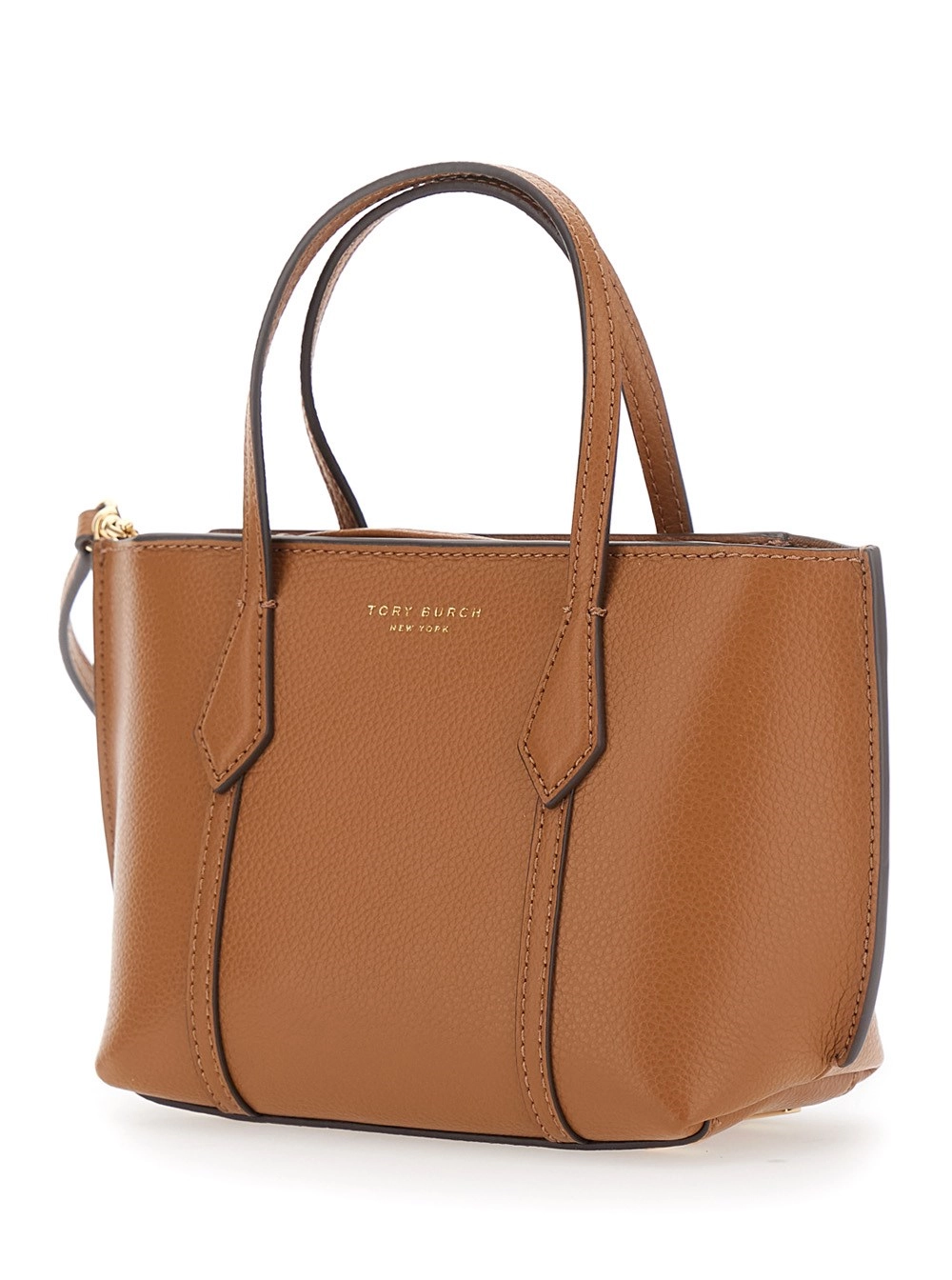 Tory Burch Borsa a Mano 'Perry' con Tracolla Regolabile e Removibile e Logo Lettering Impresso sul Fronte in Pelle Martellata Marrone Donna, view 2