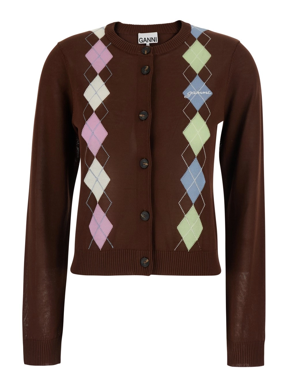 Ganni Cardigan Girocollo con Motivo a Rombi sul Fronte in Cotone Marrone Donna