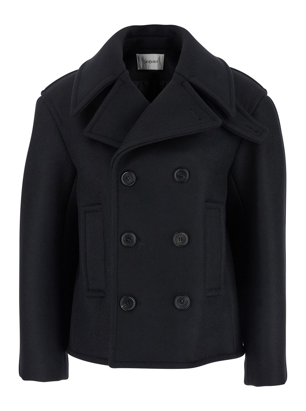 Saint Laurent Cappotto Doppiopetto con Revers Classici Larghi in Lana Nero Donna