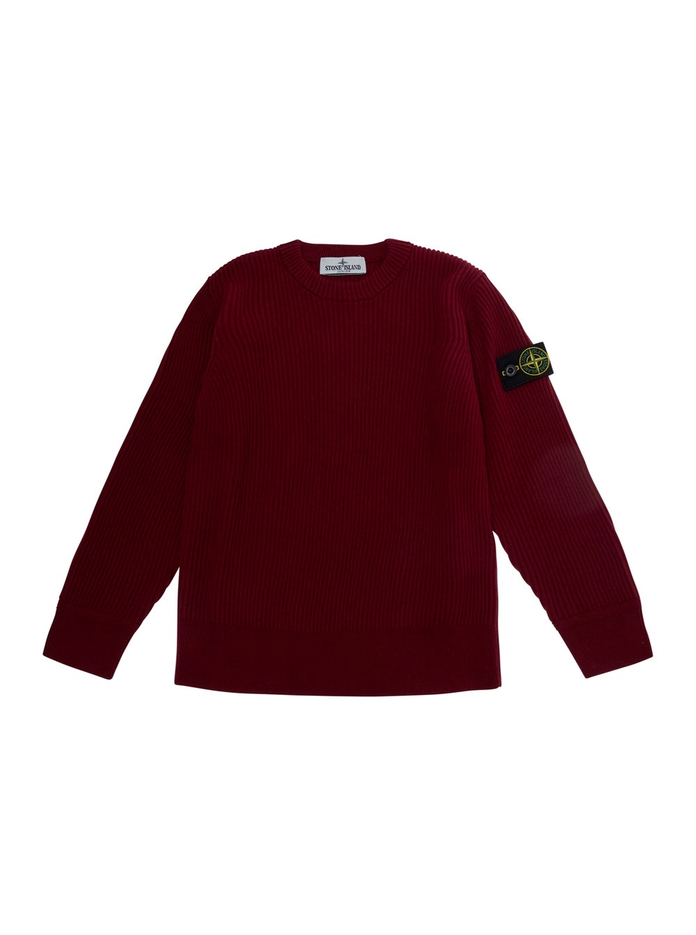 Stone island kids Maglione girocollo con lavorazione a coste e patch logo sulla manica in misto lana rosso bambino