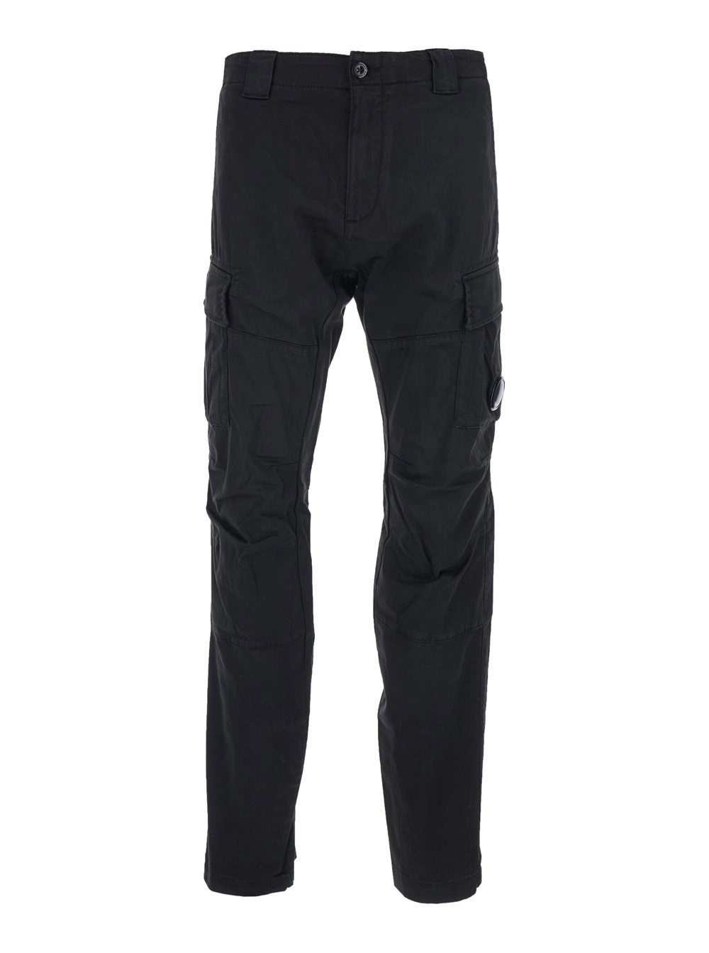 C.P. Company Pantalone Cargo con Placca Logo sul Lato e Due Tasche Cargo sul Fronte in Cotone Stretch Nero Uomo
