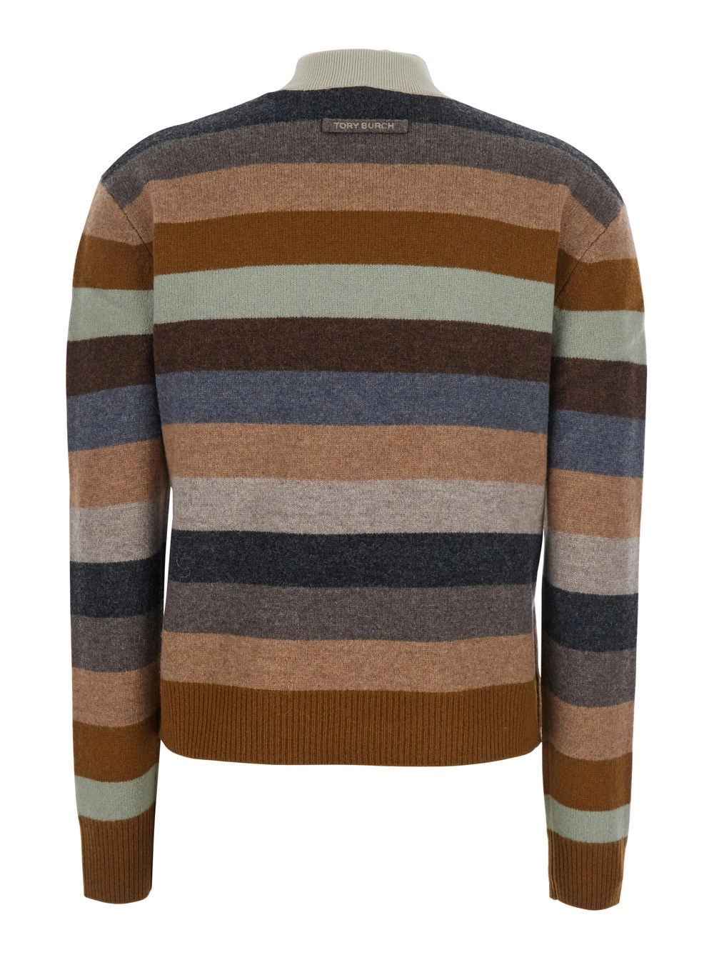 Tory Burch Maglione con Design a Righe e Patch Logo sul Retro in Lana Multicolor Donnaa, view 2