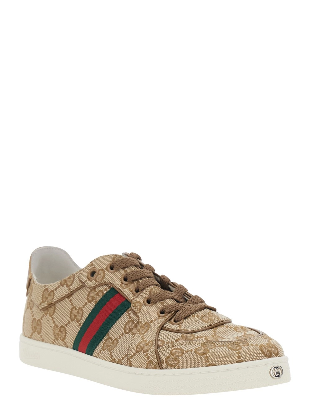 Gucci Sneaker 'Stretch' con motivo GG all-over e dettaglio Web in tessuto e pelle Beige donna, view 2