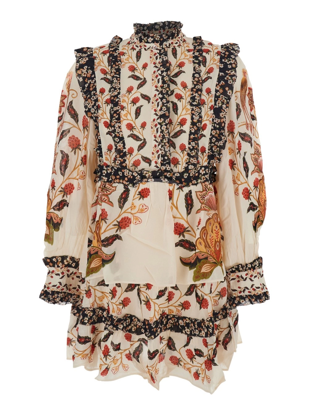 Farm rio Abito con Ruches e Stampa Floreale All-Over in Misto Viscosa Multicolor Donna