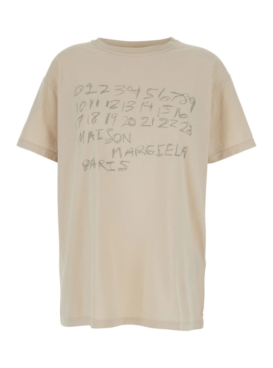 Maison Margiela T-Shirt Girocollo con Maxi Stampa Logo sul Fronte in Cotone Bianca Donna