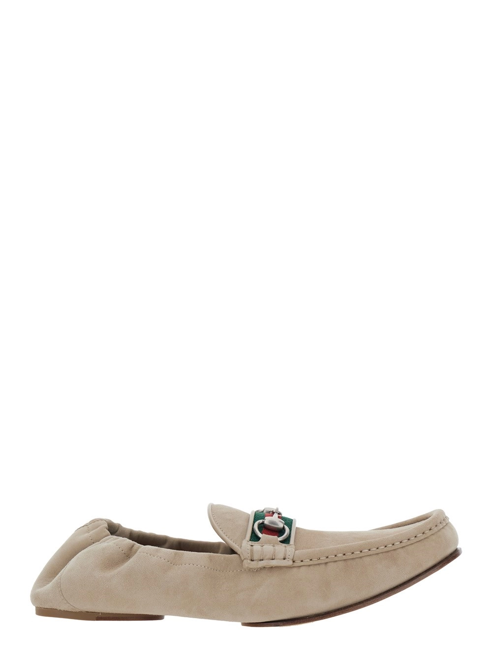 Gucci Mocassini con Placca Morsetto e Dettaglio Web sul Fronte in Suede Beige Uomo