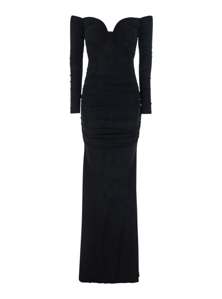 Elisabetta Franchi Abito con Spalle Scoperte e Ruches in Viscosa Stretch Nero Donna