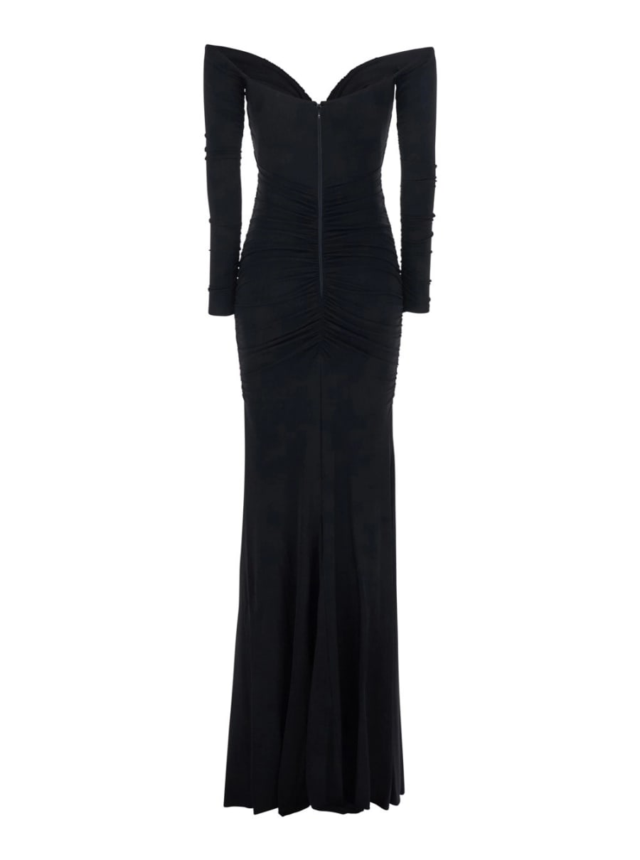 Elisabetta Franchi Abito con Spalle Scoperte e Ruches in Viscosa Stretch Nero Donna, view 2